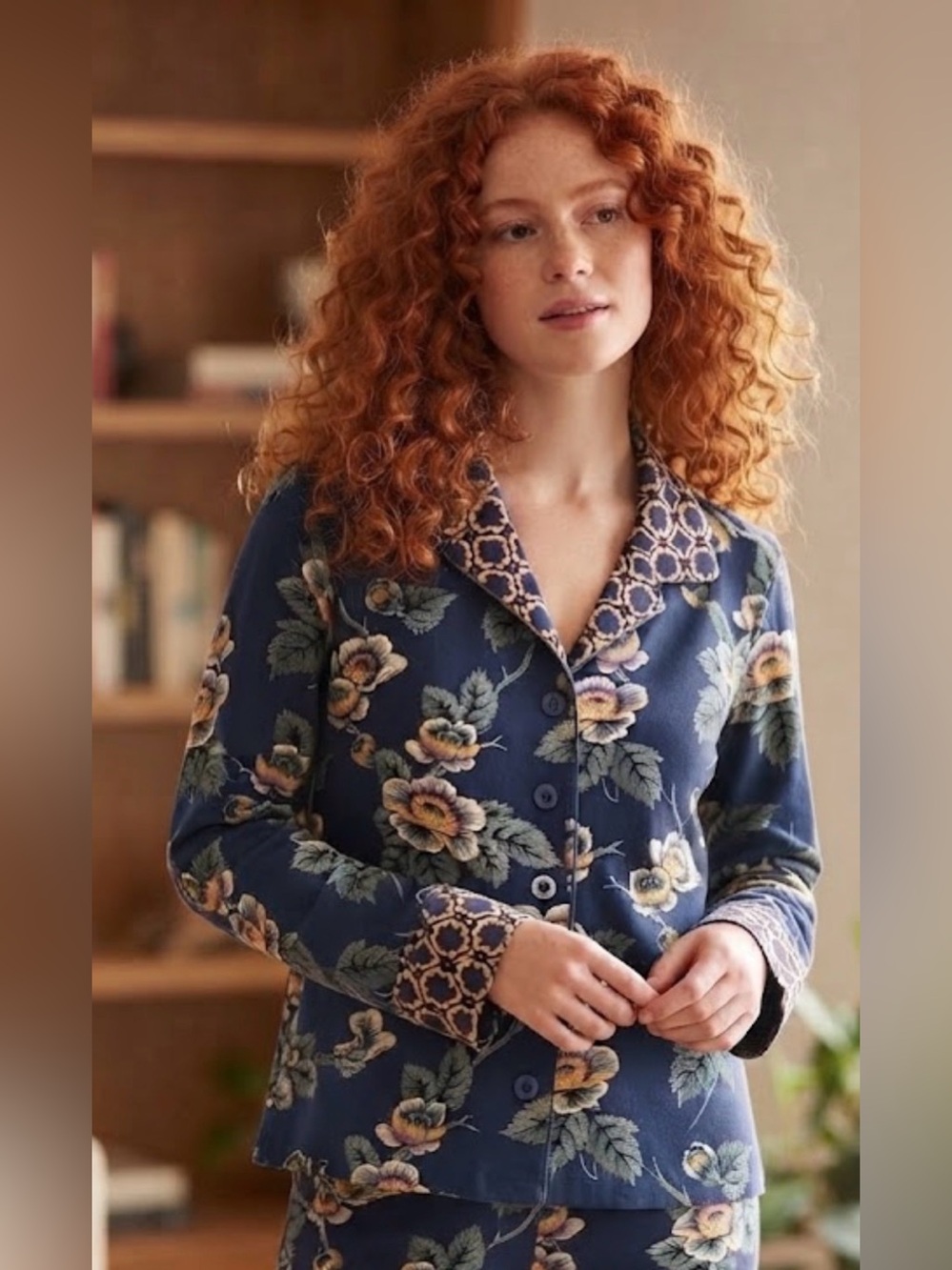 Vera Bradley Navy Floral Button-Up Pajama Top with Printed Trim